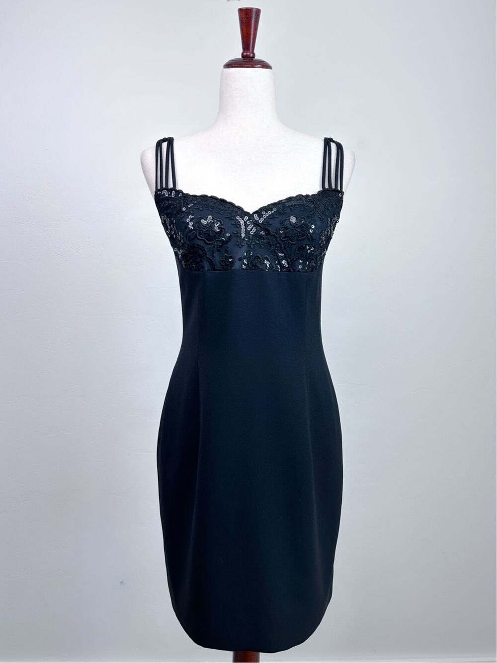 Vintage 90s Black Romantic Strappy Sequin Lace Sexy Cocktail Mini Dress SIZE 4